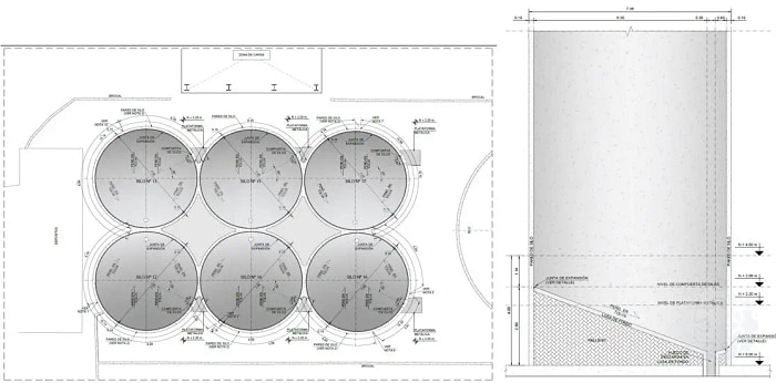 Planta y elevación con dimensiones estructurales de silos