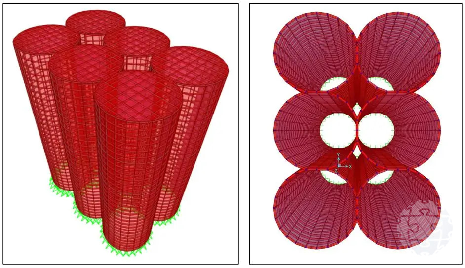 Modelo en Sap2000 de la batería de silos