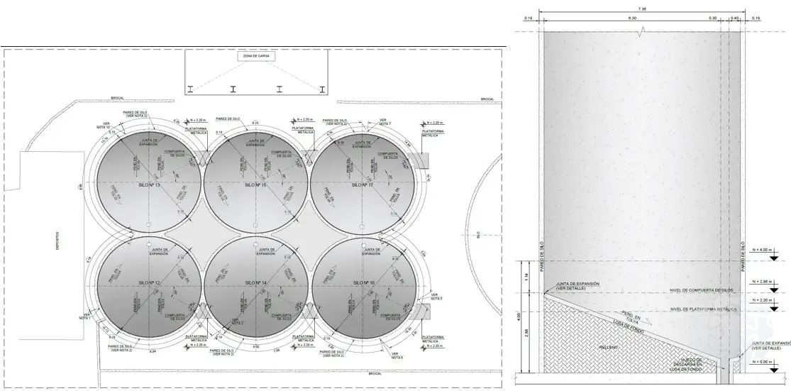 Planta y elevación con dimensiones estructurales de silos